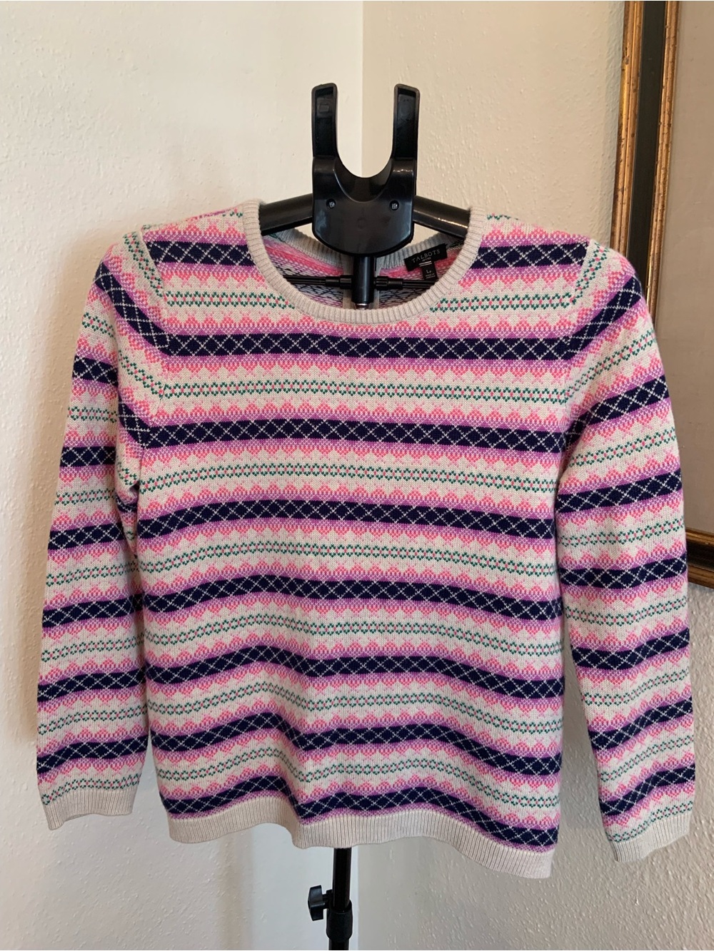 Talbots Sweater Crewneck Cream Pink & Navy Fair Isle